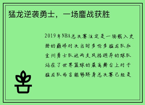 猛龙逆袭勇士，一场鏖战获胜